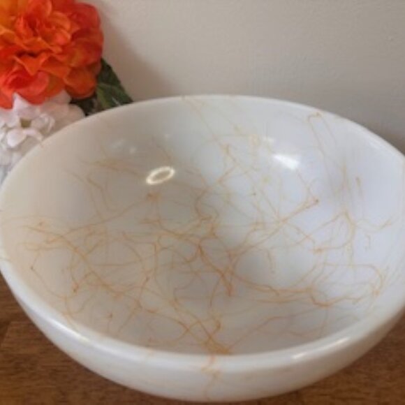 Hazel Atlas Butterscotch Drizzle Milk Glass Bowl Vintage Spaghetti Pattern Retro - Picture 3 of 6